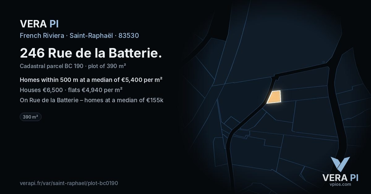 246 Rue de la Batterie, Saint-Raphaël at night – the plot lit, the parcels around coloured by the prices near them