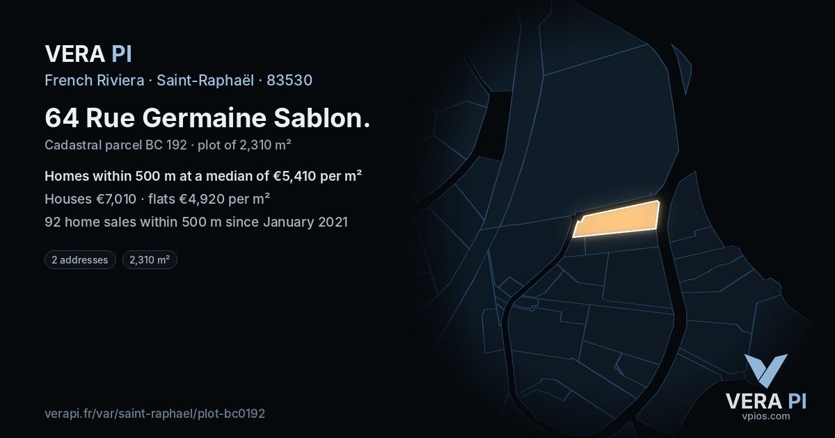 64 Rue Germaine Sablon, Saint-Raphaël at night – the plot lit, the parcels around coloured by the prices near them