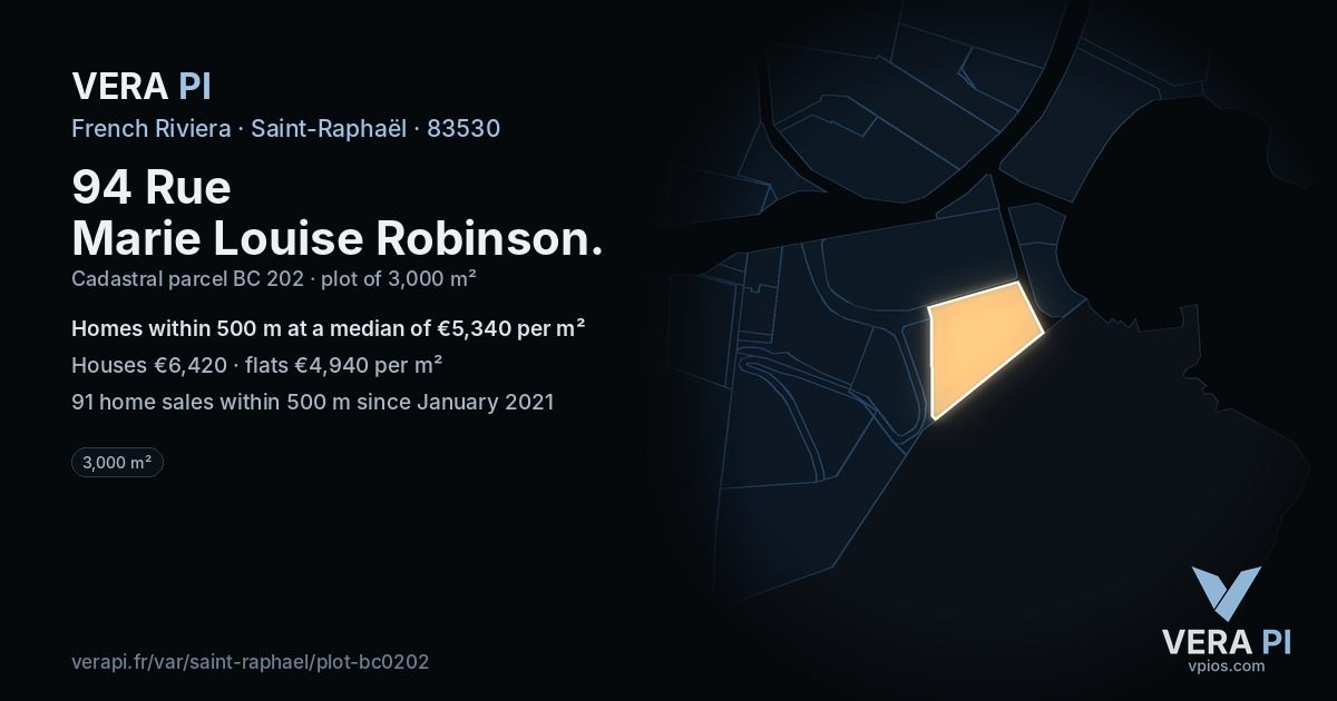 94 Rue Marie Louise Robinson, Saint-Raphaël at night – the plot lit, the parcels around coloured by the prices near them