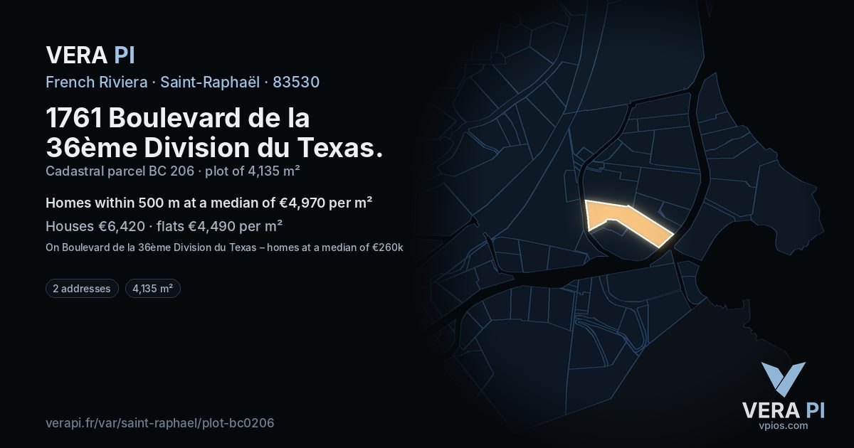 1761 Boulevard de la 36ème Division du Texas, Saint-Raphaël at night – the plot lit, the parcels around coloured by the prices near them