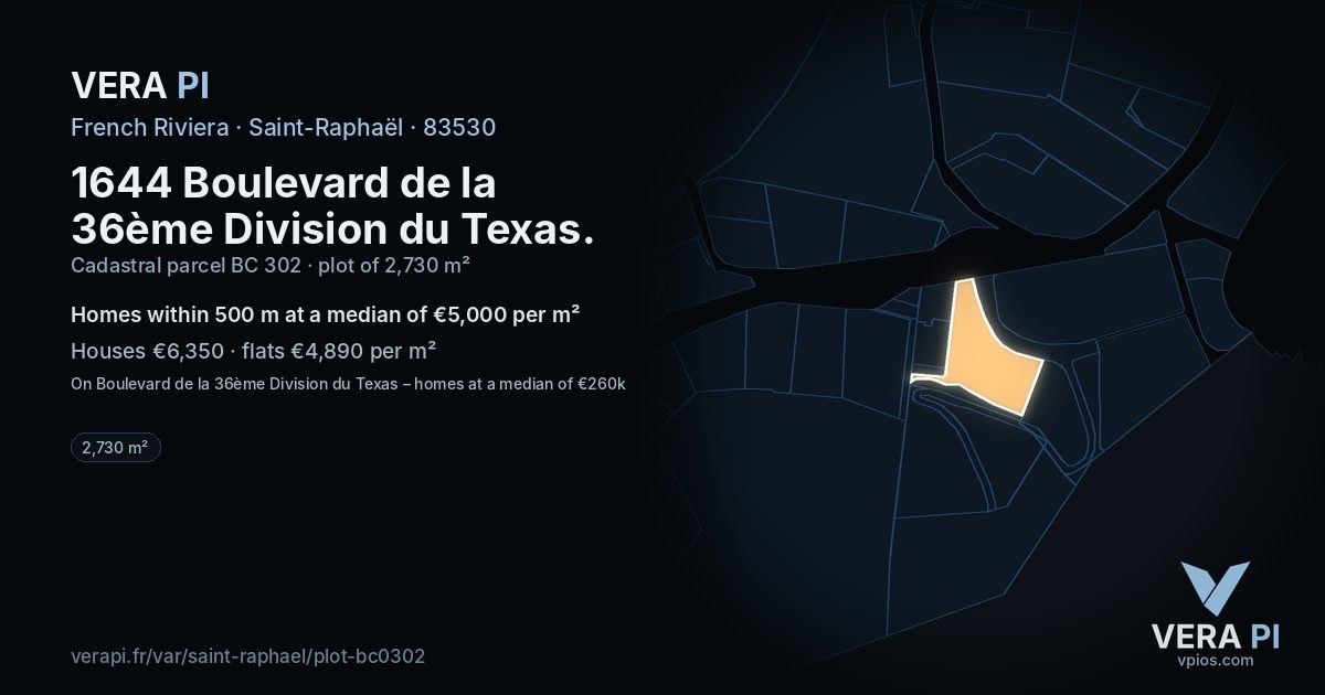 1644 Boulevard de la 36ème Division du Texas, Saint-Raphaël at night – the plot lit, the parcels around coloured by the prices near them