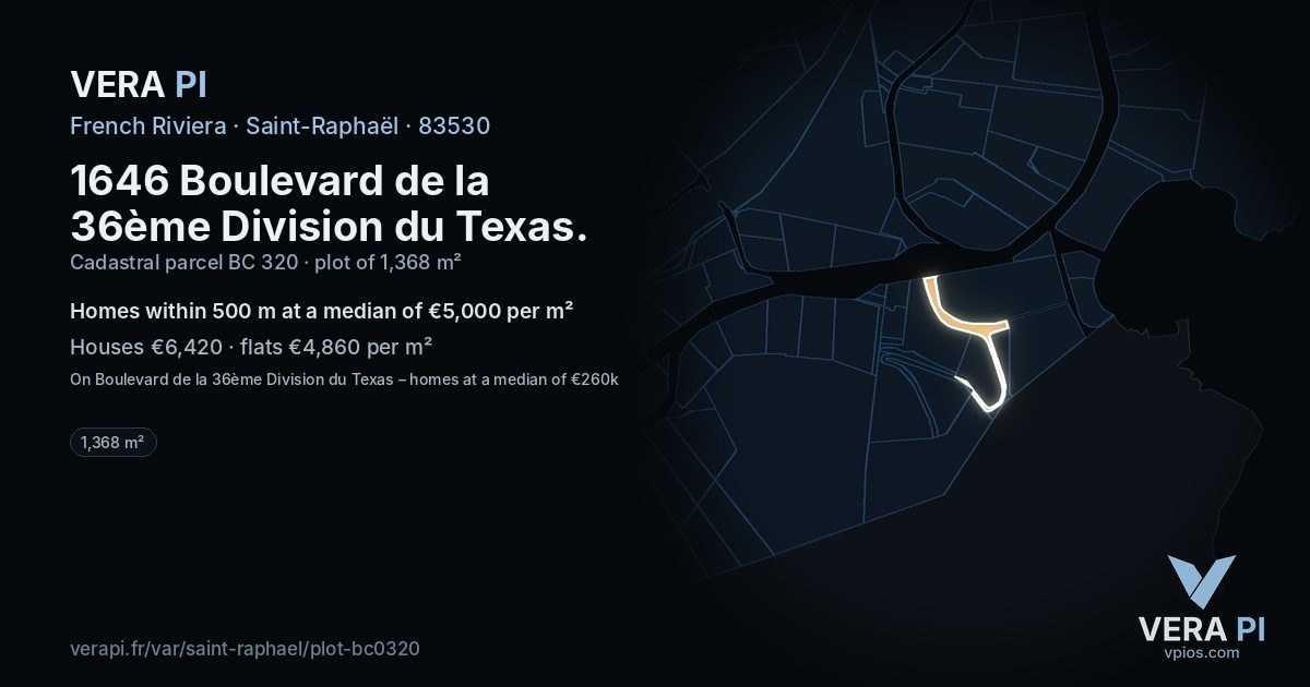 1646 Boulevard de la 36ème Division du Texas, Saint-Raphaël at night – the plot lit, the parcels around coloured by the prices near them