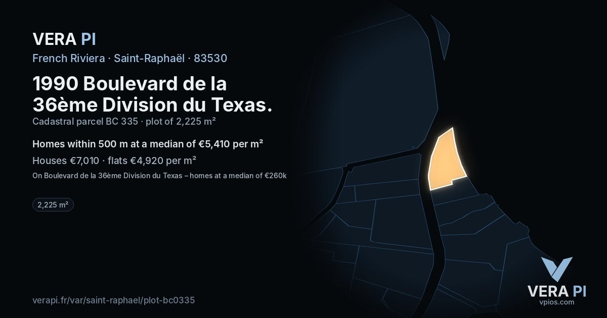 1990 Boulevard de la 36ème Division du Texas, Saint-Raphaël at night – the plot lit, the parcels around coloured by the prices near them
