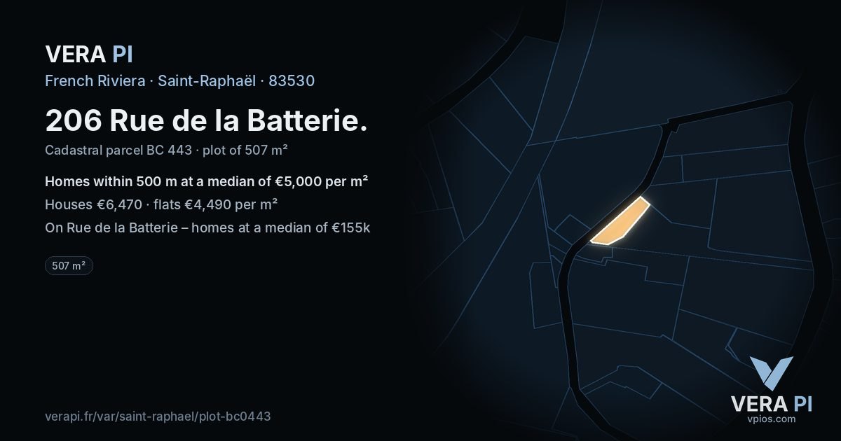 206 Rue de la Batterie, Saint-Raphaël at night – the plot lit, the parcels around coloured by the prices near them