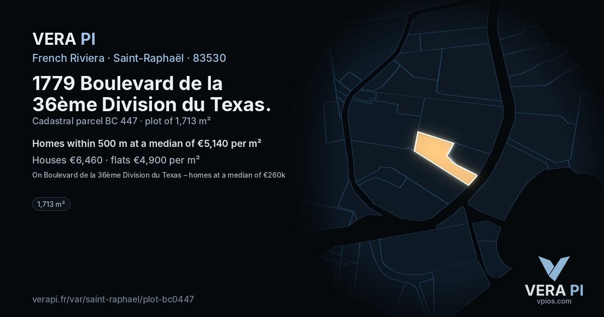 1779 Boulevard de la 36ème Division du Texas, Saint-Raphaël at night – the plot lit, the parcels around coloured by the prices near them