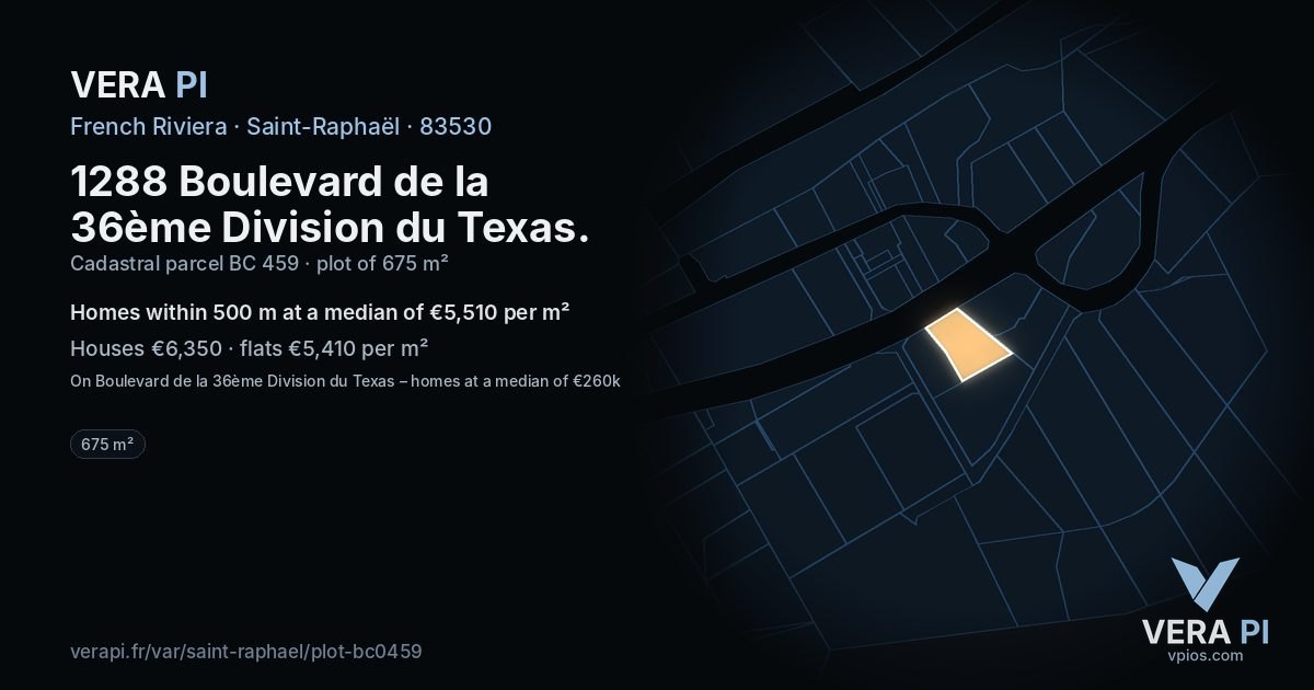 1288 Boulevard de la 36ème Division du Texas, Saint-Raphaël at night – the plot lit, the parcels around coloured by the prices near them