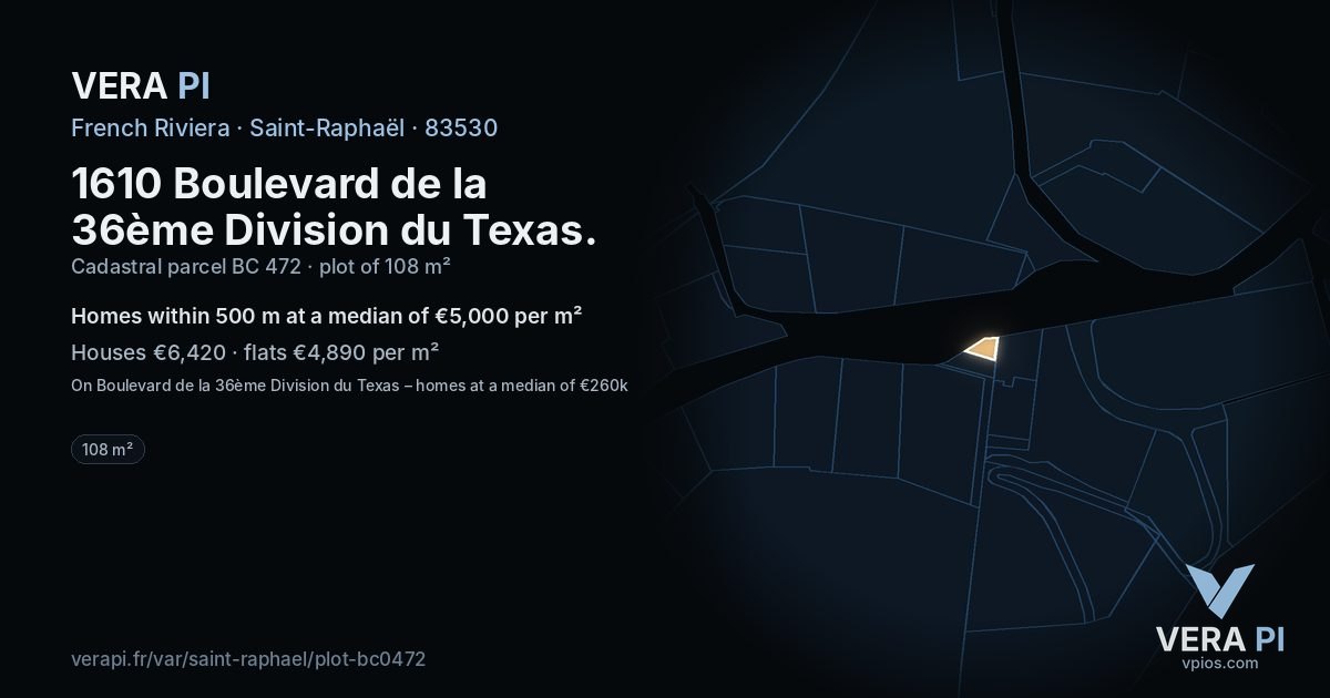 1610 Boulevard de la 36ème Division du Texas, Saint-Raphaël at night – the plot lit, the parcels around coloured by the prices near them