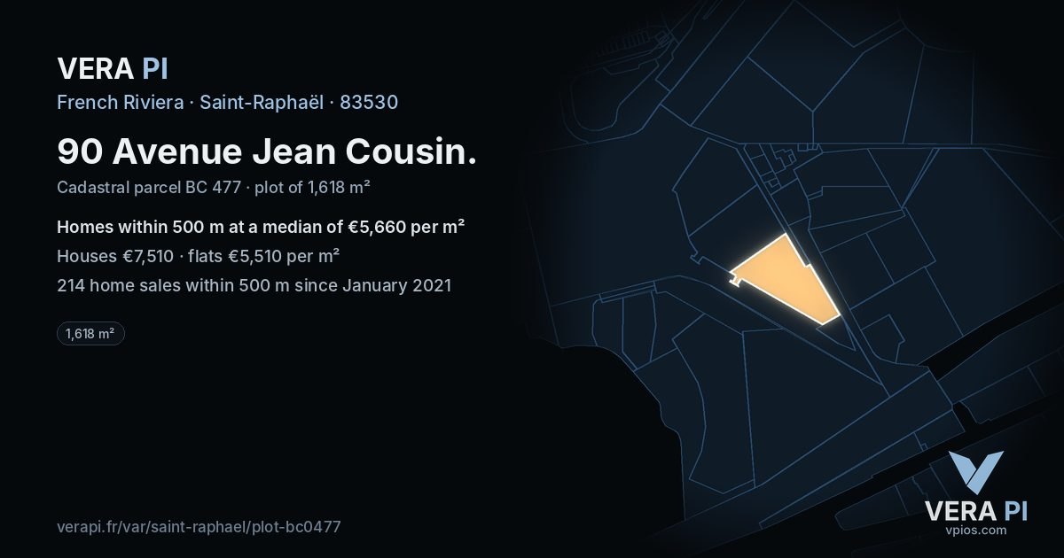 90 Avenue Jean Cousin, Saint-Raphaël at night – the plot lit, the parcels around coloured by the prices near them
