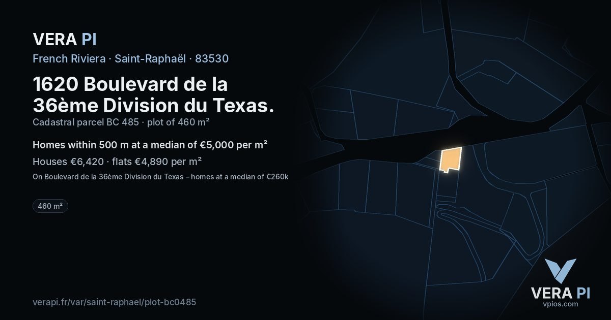1620 Boulevard de la 36ème Division du Texas, Saint-Raphaël at night – the plot lit, the parcels around coloured by the prices near them