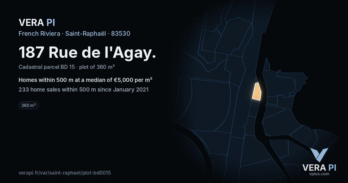 187 Rue de l'Agay, Saint-Raphaël at night – the plot lit, the parcels around coloured by the prices near them