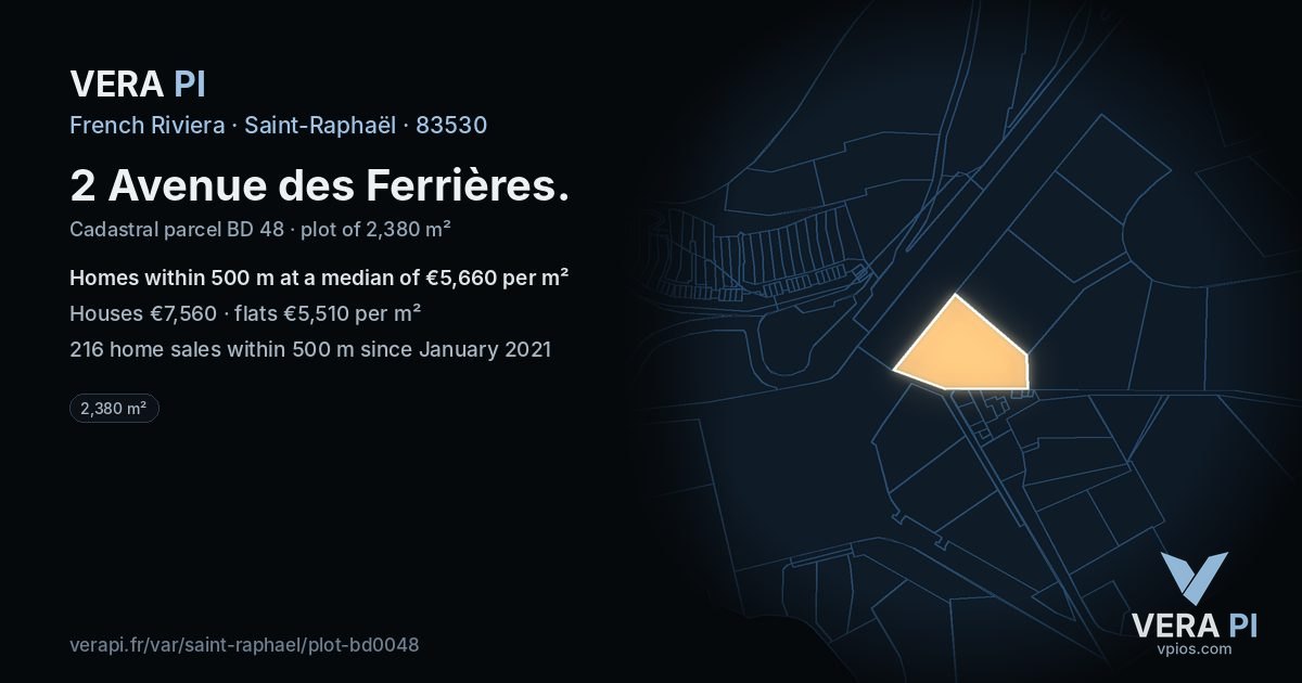 2 Avenue des Ferrières, Saint-Raphaël at night – the plot lit, the parcels around coloured by the prices near them