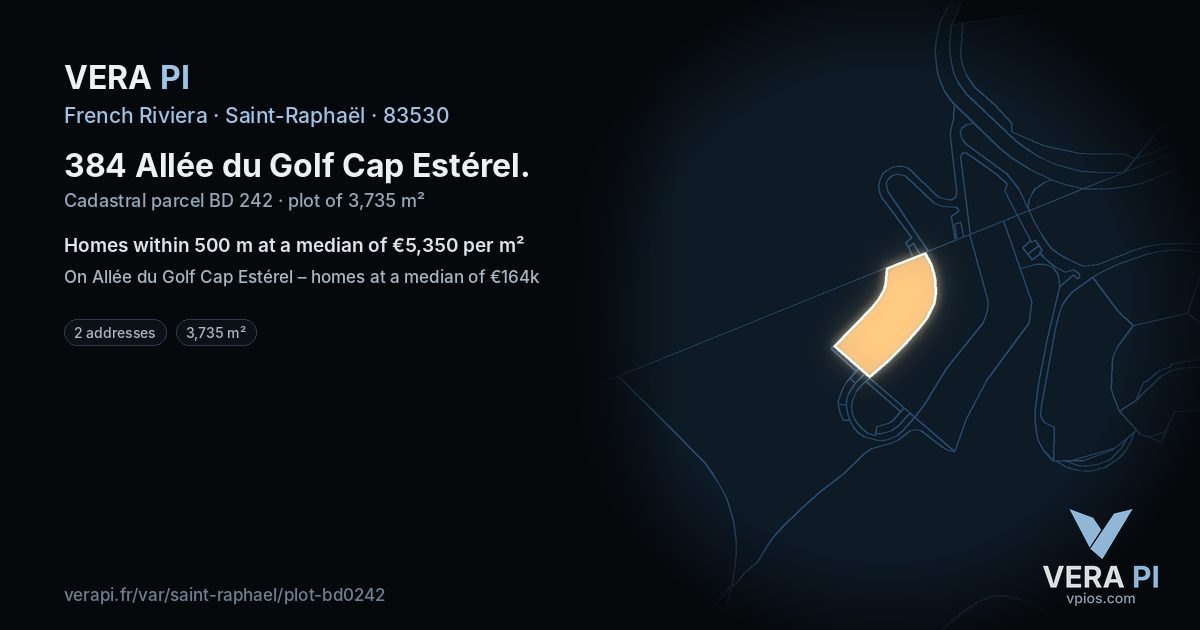 384 Allée du Golf Cap Estérel, Saint-Raphaël at night – the plot lit, the parcels around coloured by the prices near them
