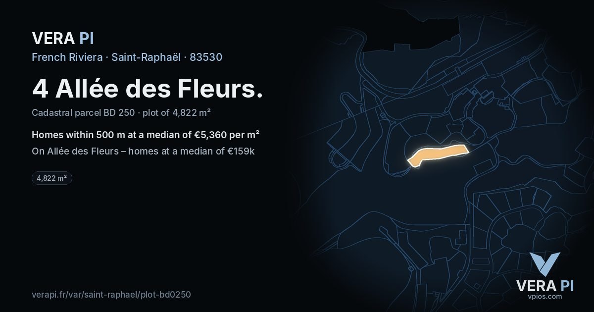 4 Allée des Fleurs, Saint-Raphaël at night – the plot lit, the parcels around coloured by the prices near them