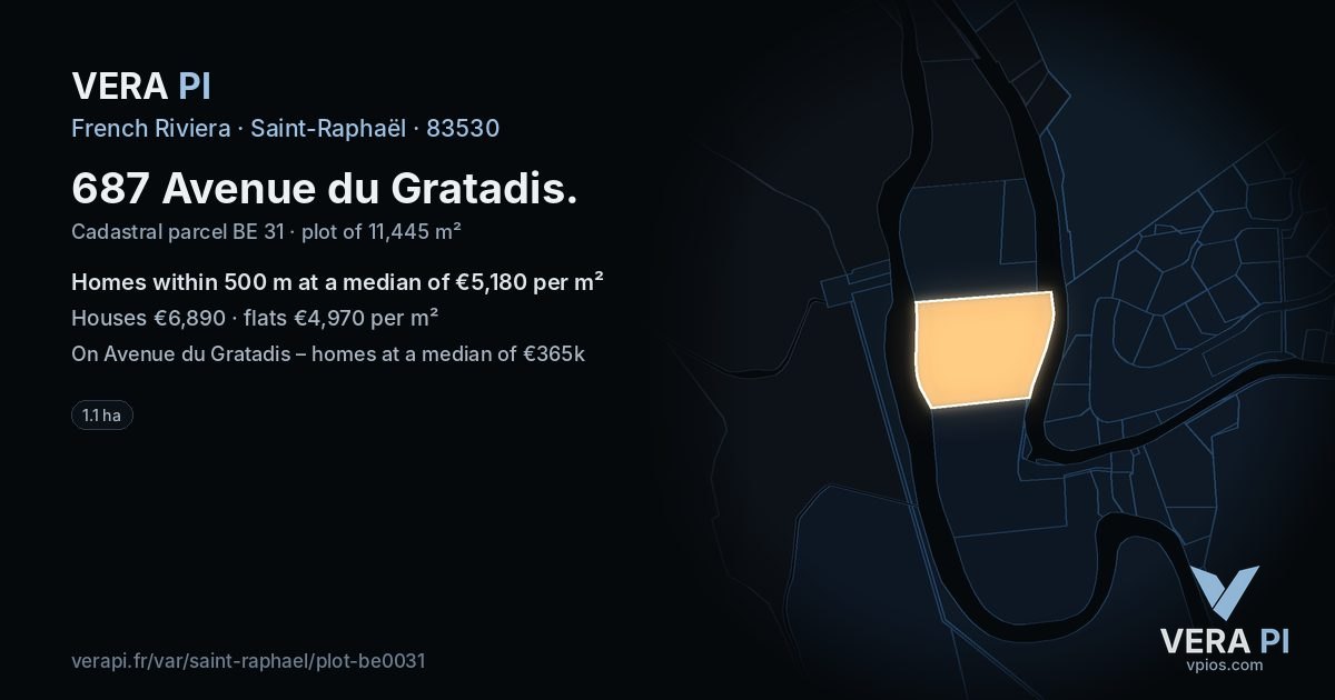 687 Avenue du Gratadis, Saint-Raphaël at night – the plot lit, the parcels around coloured by the prices near them