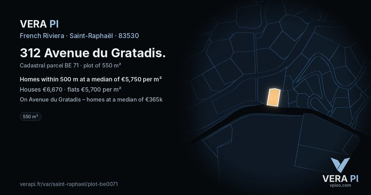312 Avenue du Gratadis, Saint-Raphaël at night – the plot lit, the parcels around coloured by the prices near them