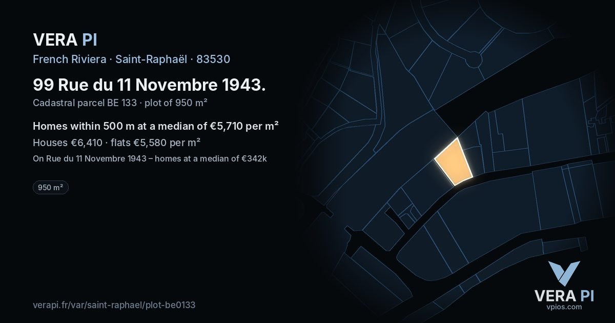 99 Rue du 11 Novembre 1943, Saint-Raphaël at night – the plot lit, the parcels around coloured by the prices near them