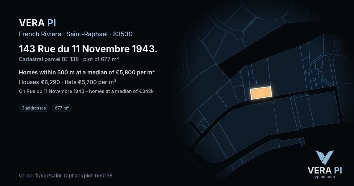 143 Rue du 11 Novembre 1943, Saint-Raphaël at night – the plot lit, the parcels around coloured by the prices near them