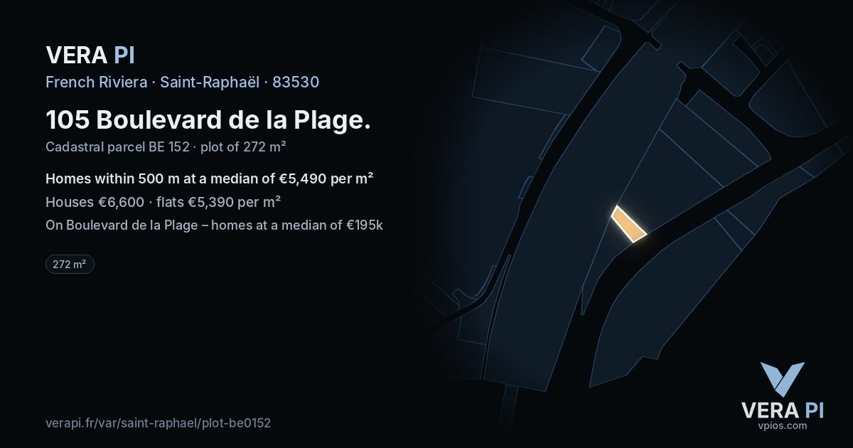 105 Boulevard de la Plage, Saint-Raphaël at night – the plot lit, the parcels around coloured by the prices near them