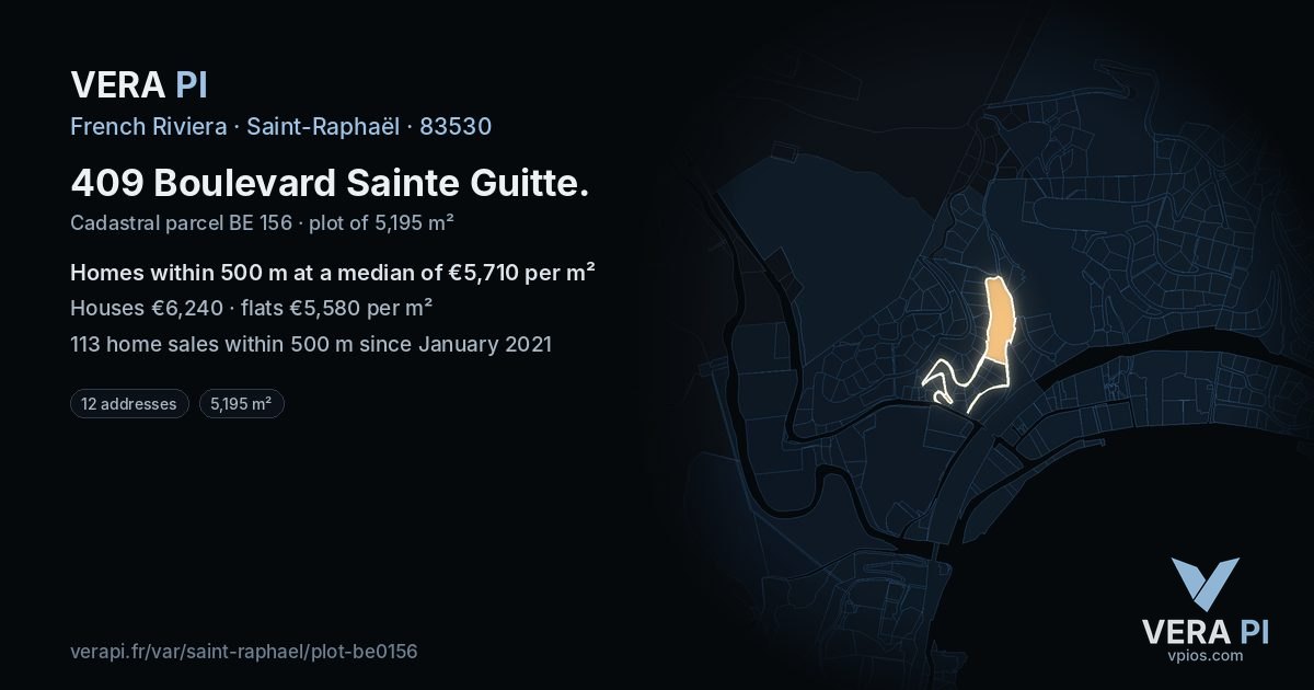 409 Boulevard Sainte Guitte, Saint-Raphaël at night – the plot lit, the parcels around coloured by the prices near them
