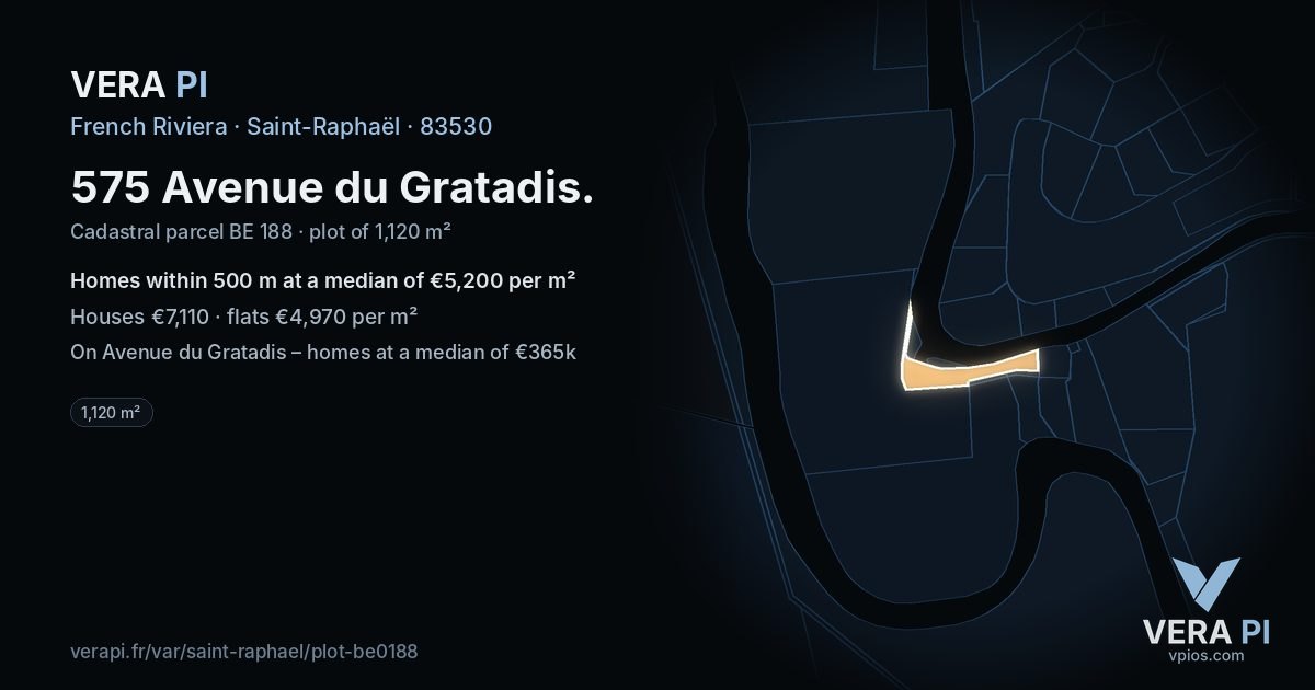 575 Avenue du Gratadis, Saint-Raphaël at night – the plot lit, the parcels around coloured by the prices near them