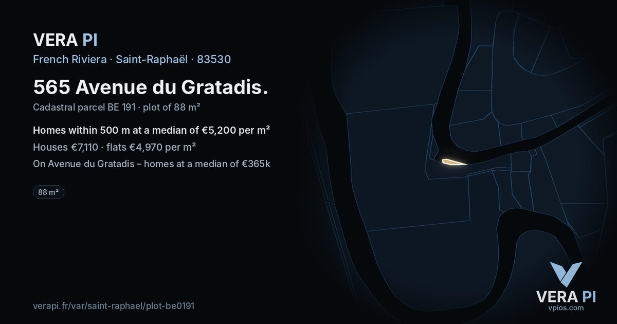 565 Avenue du Gratadis, Saint-Raphaël at night – the plot lit, the parcels around coloured by the prices near them