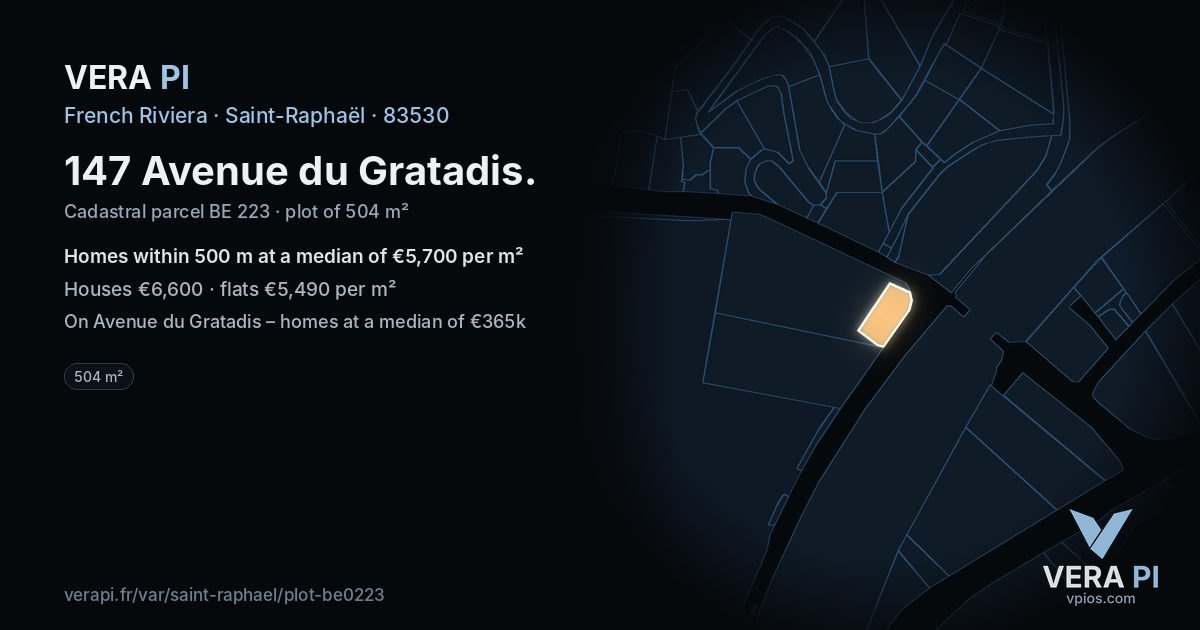 147 Avenue du Gratadis, Saint-Raphaël at night – the plot lit, the parcels around coloured by the prices near them