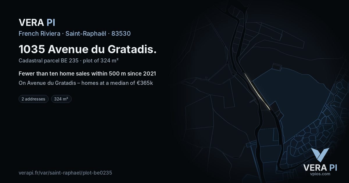 1035 Avenue du Gratadis, Saint-Raphaël at night – the plot lit, the parcels around coloured by the prices near them
