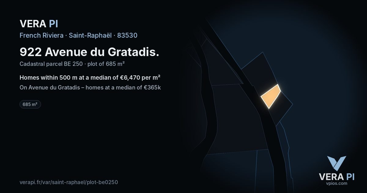 922 Avenue du Gratadis, Saint-Raphaël at night – the plot lit, the parcels around coloured by the prices near them