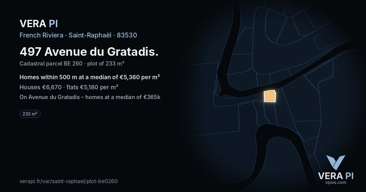 497 Avenue du Gratadis, Saint-Raphaël at night – the plot lit, the parcels around coloured by the prices near them