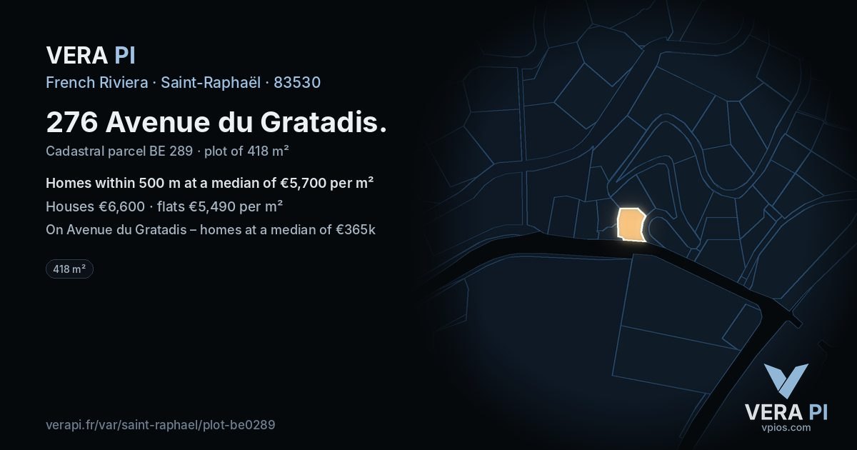 276 Avenue du Gratadis, Saint-Raphaël at night – the plot lit, the parcels around coloured by the prices near them