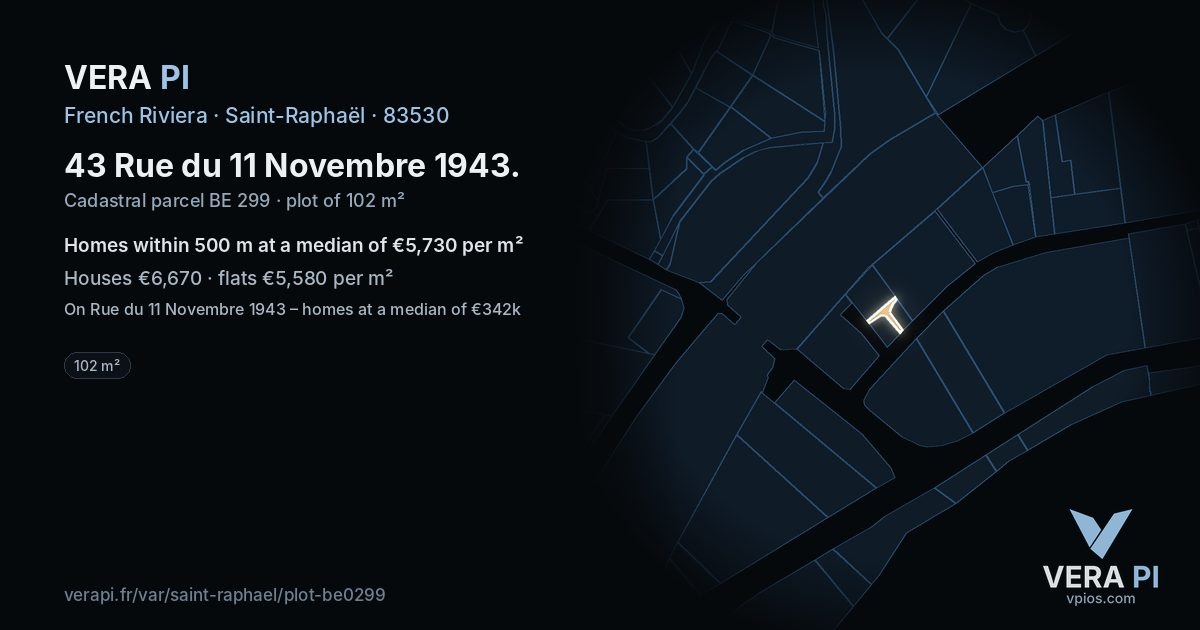 43 Rue du 11 Novembre 1943, Saint-Raphaël at night – the plot lit, the parcels around coloured by the prices near them