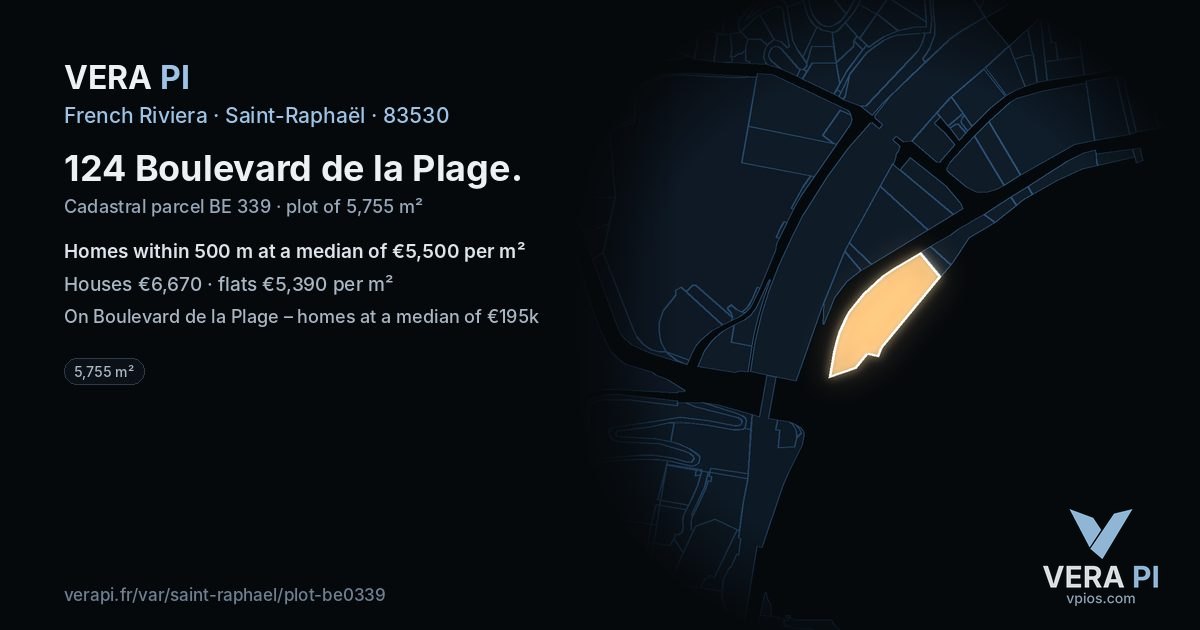124 Boulevard de la Plage, Saint-Raphaël at night – the plot lit, the parcels around coloured by the prices near them