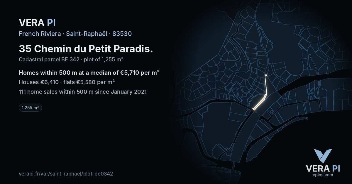 35 Chemin du Petit Paradis, Saint-Raphaël at night – the plot lit, the parcels around coloured by the prices near them