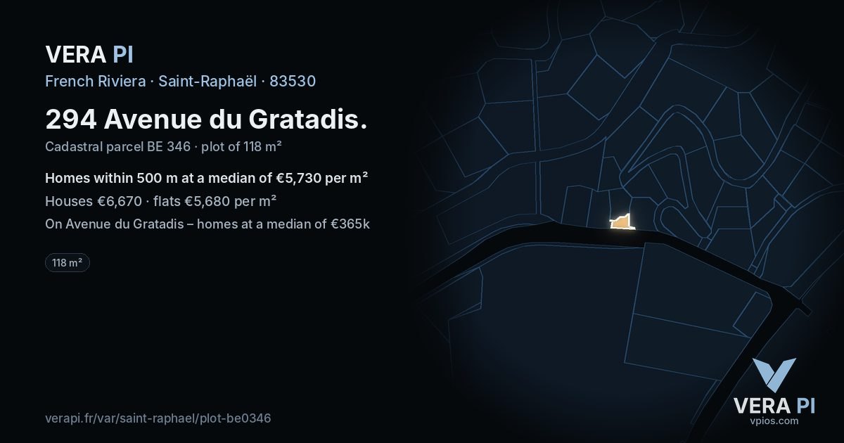 294 Avenue du Gratadis, Saint-Raphaël at night – the plot lit, the parcels around coloured by the prices near them