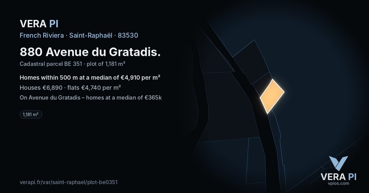 880 Avenue du Gratadis, Saint-Raphaël at night – the plot lit, the parcels around coloured by the prices near them