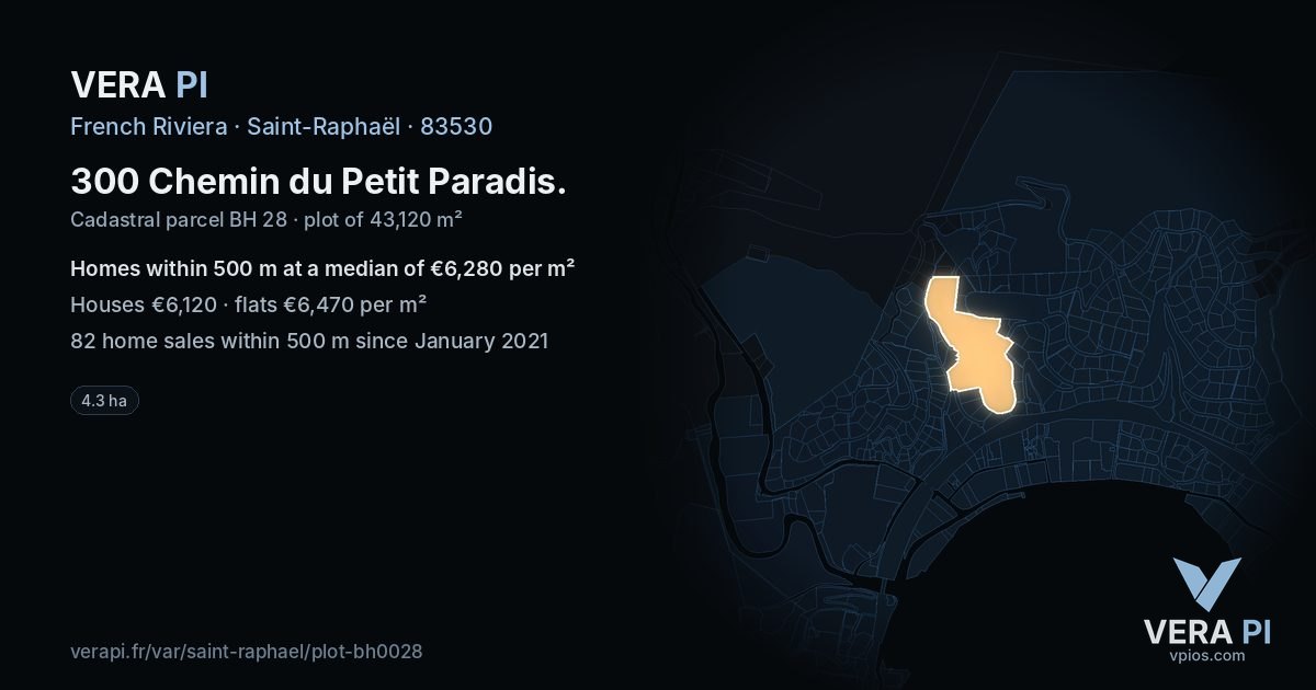 300 Chemin du Petit Paradis, Saint-Raphaël at night – the plot lit, the parcels around coloured by the prices near them