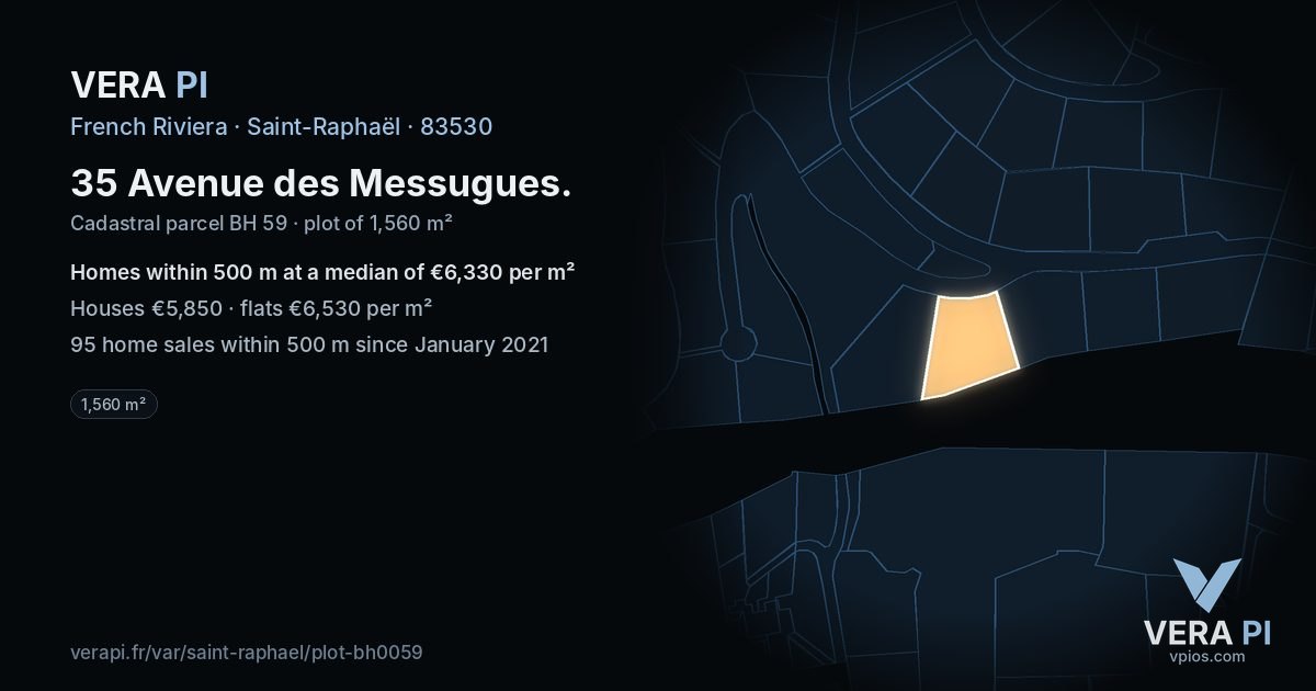 35 Avenue des Messugues, Saint-Raphaël at night – the plot lit, the parcels around coloured by the prices near them