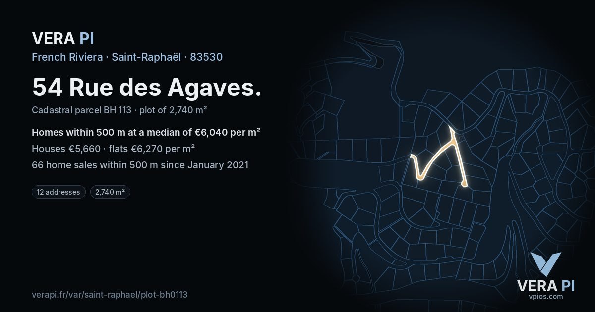 54 Rue des Agaves, Saint-Raphaël at night – the plot lit, the parcels around coloured by the prices near them