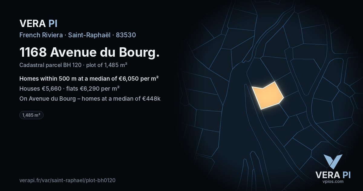 1168 Avenue du Bourg, Saint-Raphaël at night – the plot lit, the parcels around coloured by the prices near them