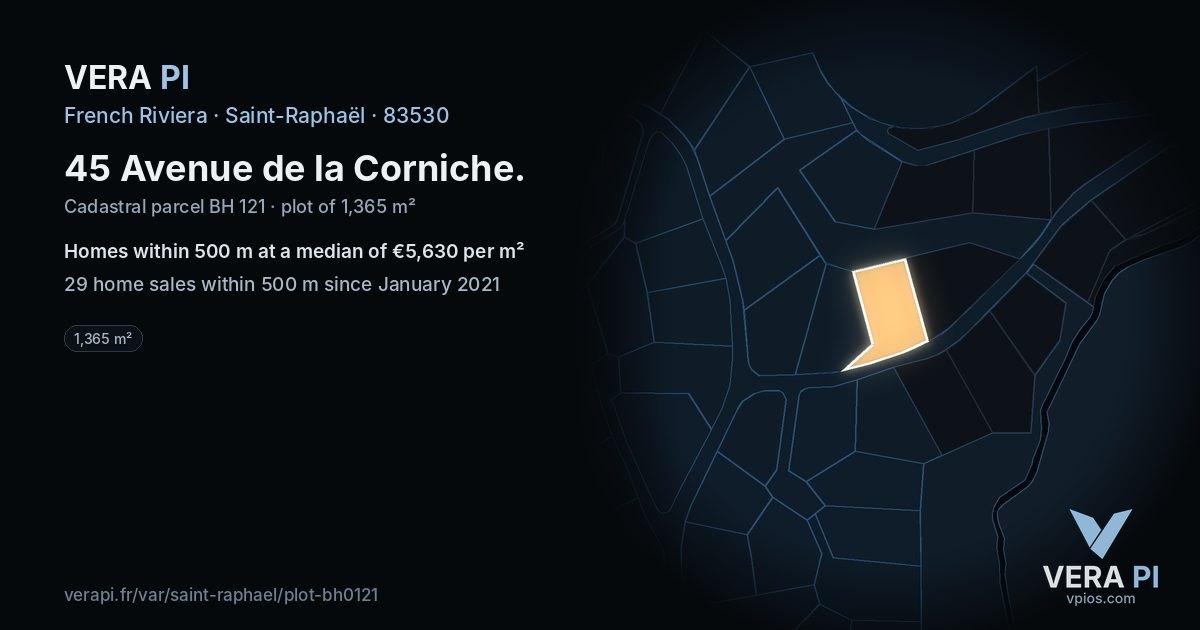 45 Avenue de la Corniche, Saint-Raphaël at night – the plot lit, the parcels around coloured by the prices near them