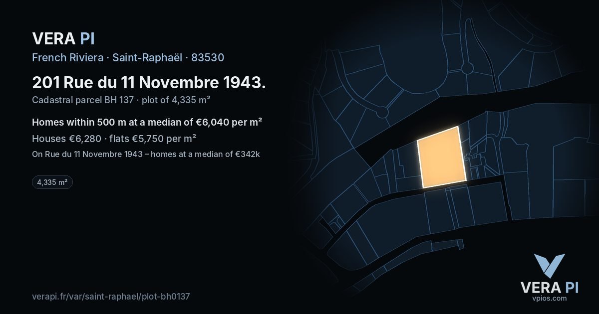 201 Rue du 11 Novembre 1943, Saint-Raphaël at night – the plot lit, the parcels around coloured by the prices near them