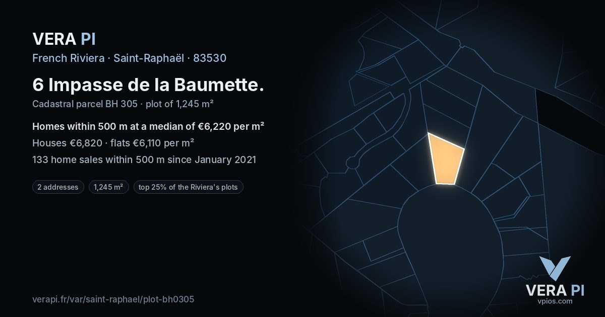 6 Impasse de la Baumette, Saint-Raphaël at night – the plot lit, the parcels around coloured by the prices near them