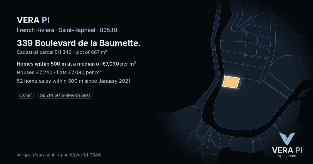 339 Boulevard de la Baumette, Saint-Raphaël at night – the plot lit, the parcels around coloured by the prices near them