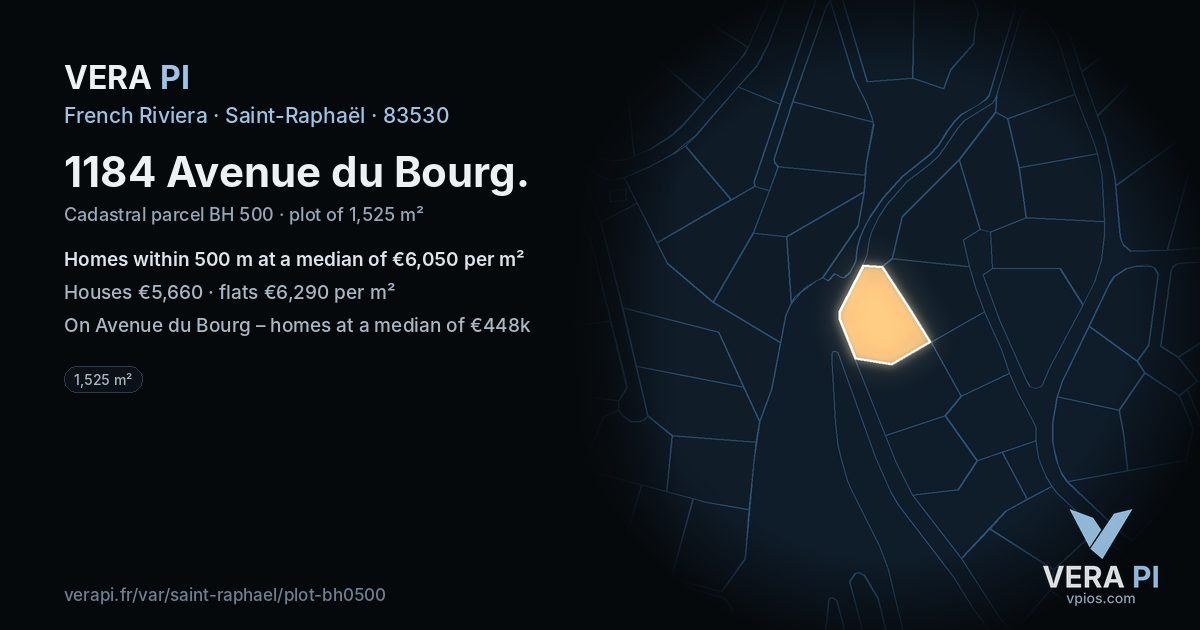 1184 Avenue du Bourg, Saint-Raphaël at night – the plot lit, the parcels around coloured by the prices near them