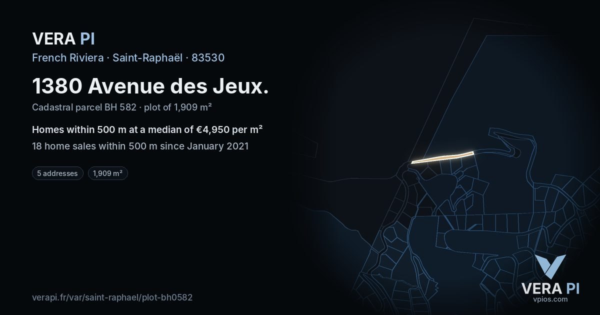1380 Avenue des Jeux, Saint-Raphaël at night – the plot lit, the parcels around coloured by the prices near them