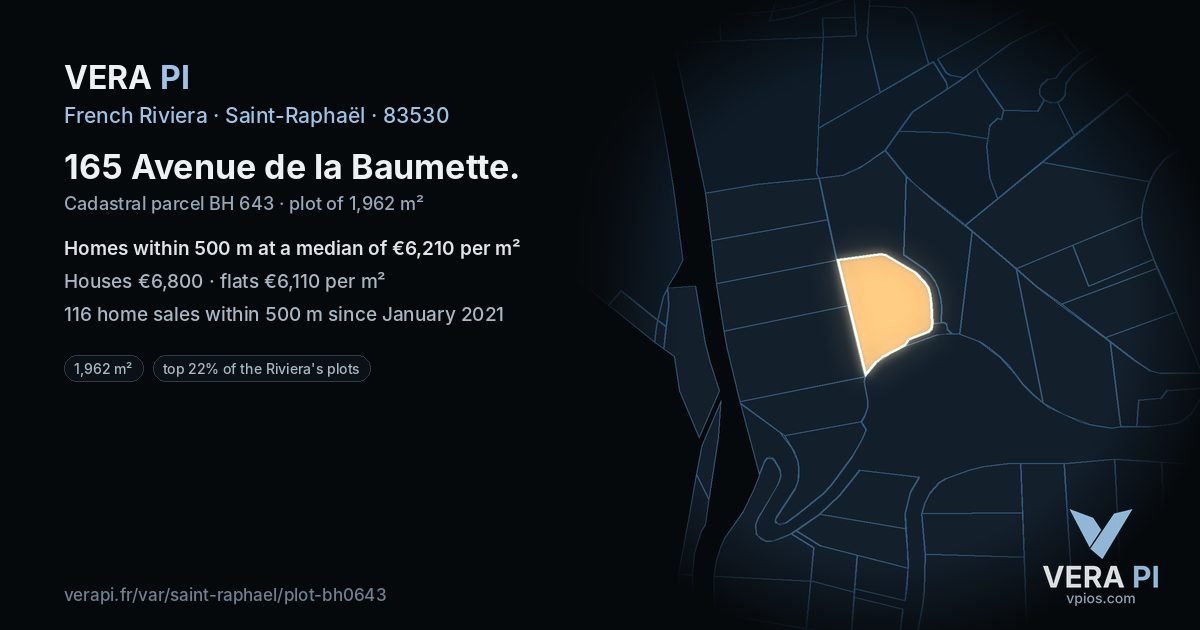 165 Avenue de la Baumette, Saint-Raphaël at night – the plot lit, the parcels around coloured by the prices near them