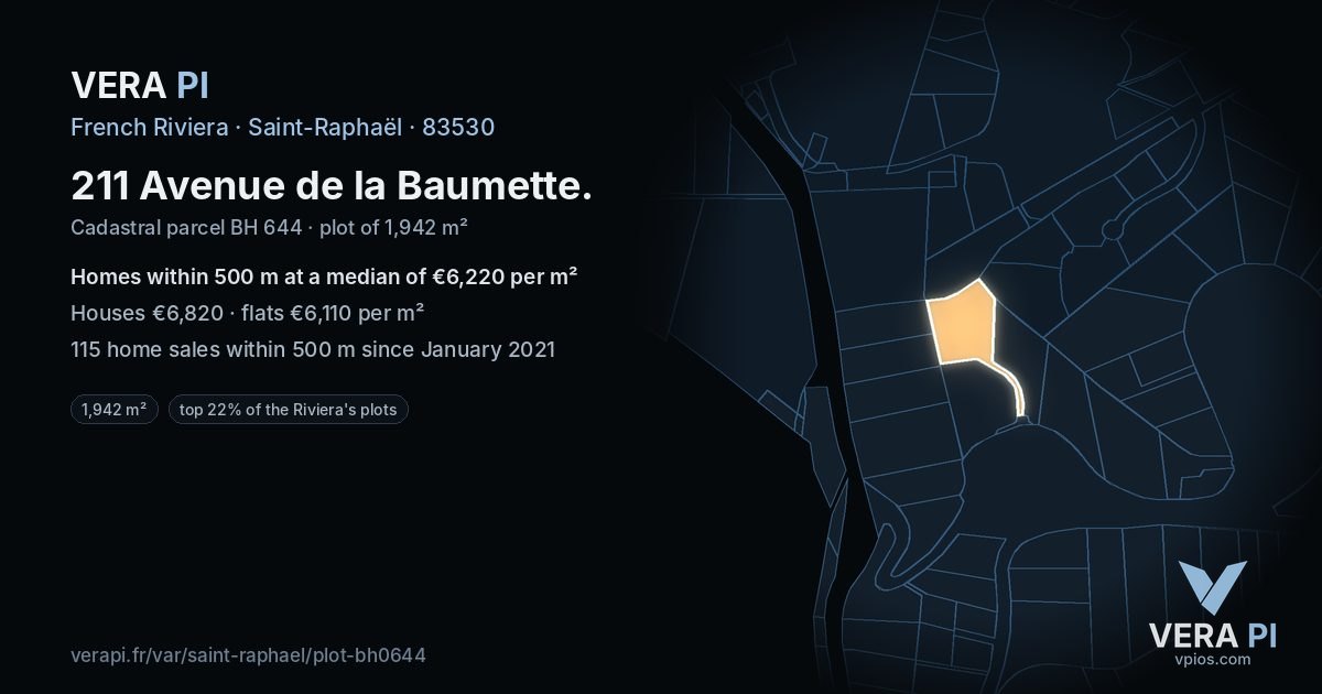 211 Avenue de la Baumette, Saint-Raphaël at night – the plot lit, the parcels around coloured by the prices near them