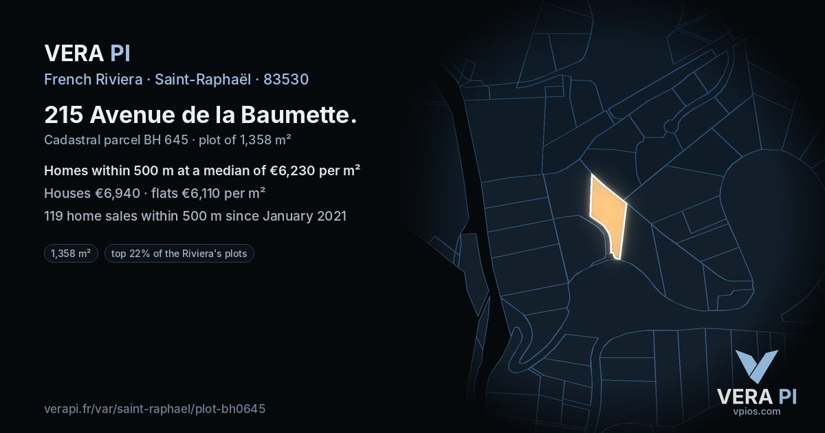 215 Avenue de la Baumette, Saint-Raphaël at night – the plot lit, the parcels around coloured by the prices near them