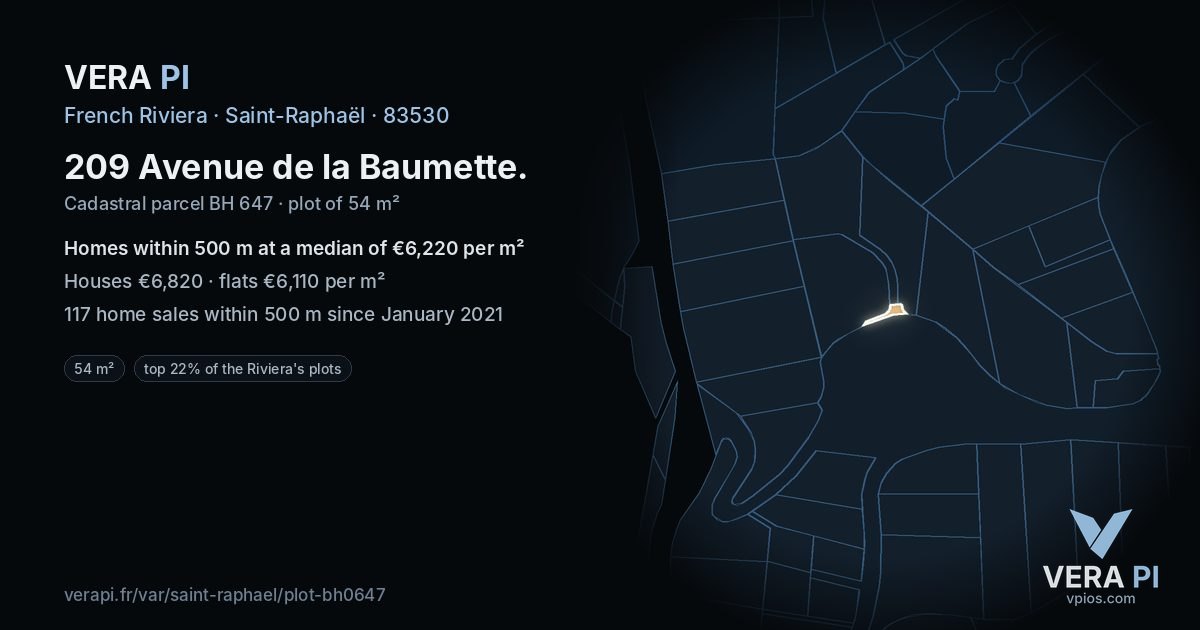 209 Avenue de la Baumette, Saint-Raphaël at night – the plot lit, the parcels around coloured by the prices near them