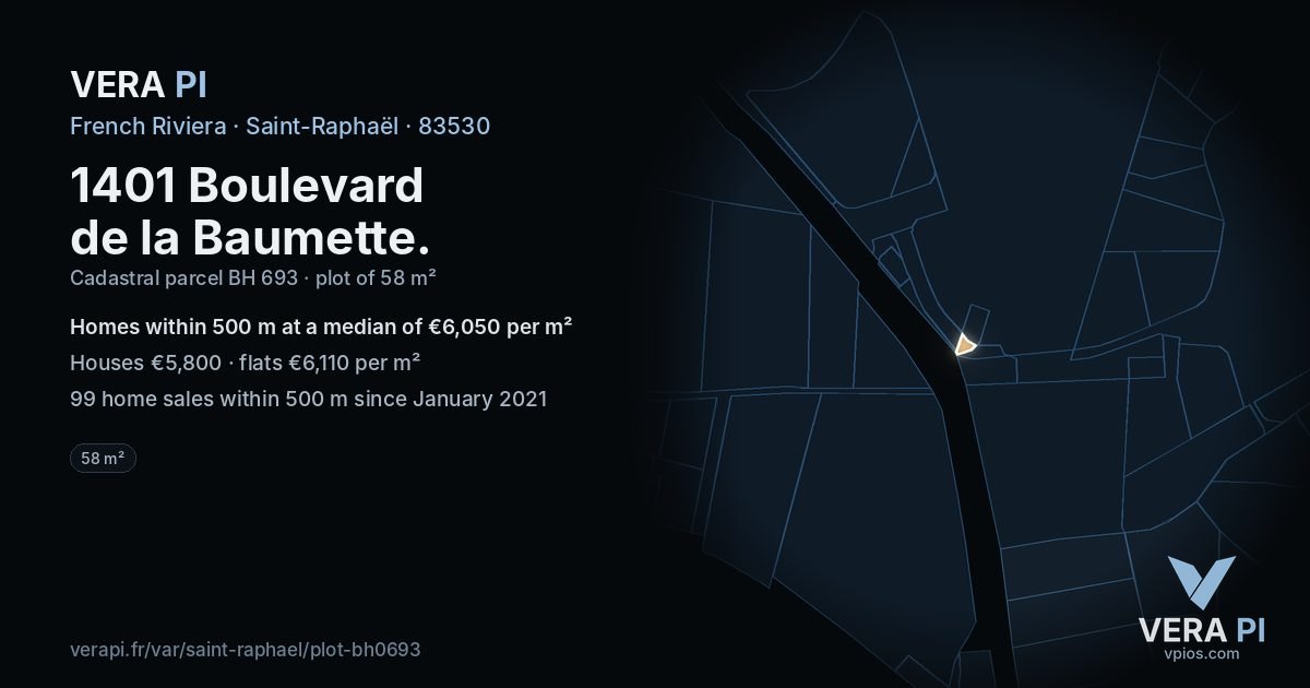1401 Boulevard de la Baumette, Saint-Raphaël at night – the plot lit, the parcels around coloured by the prices near them